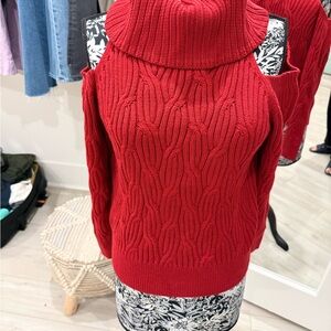 Anthropologie Red Cowl Neck Cold Shoulder Sweater